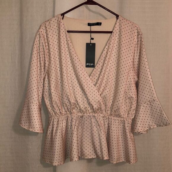 Nasty Gal 14 Well Spotted Peplum Bell Sleeve Faux Wrap Cream Brown Polka Top - Picture 4 of 16